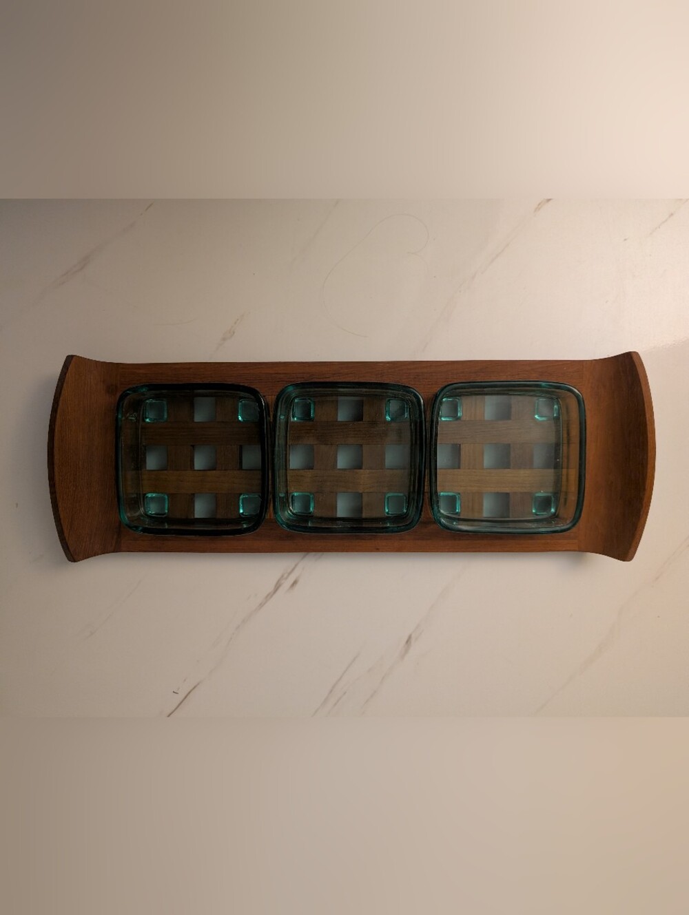 Vintage Dansk IHQ Teak Lattice Tray & 3 Aquamarine Glass Bowls Set